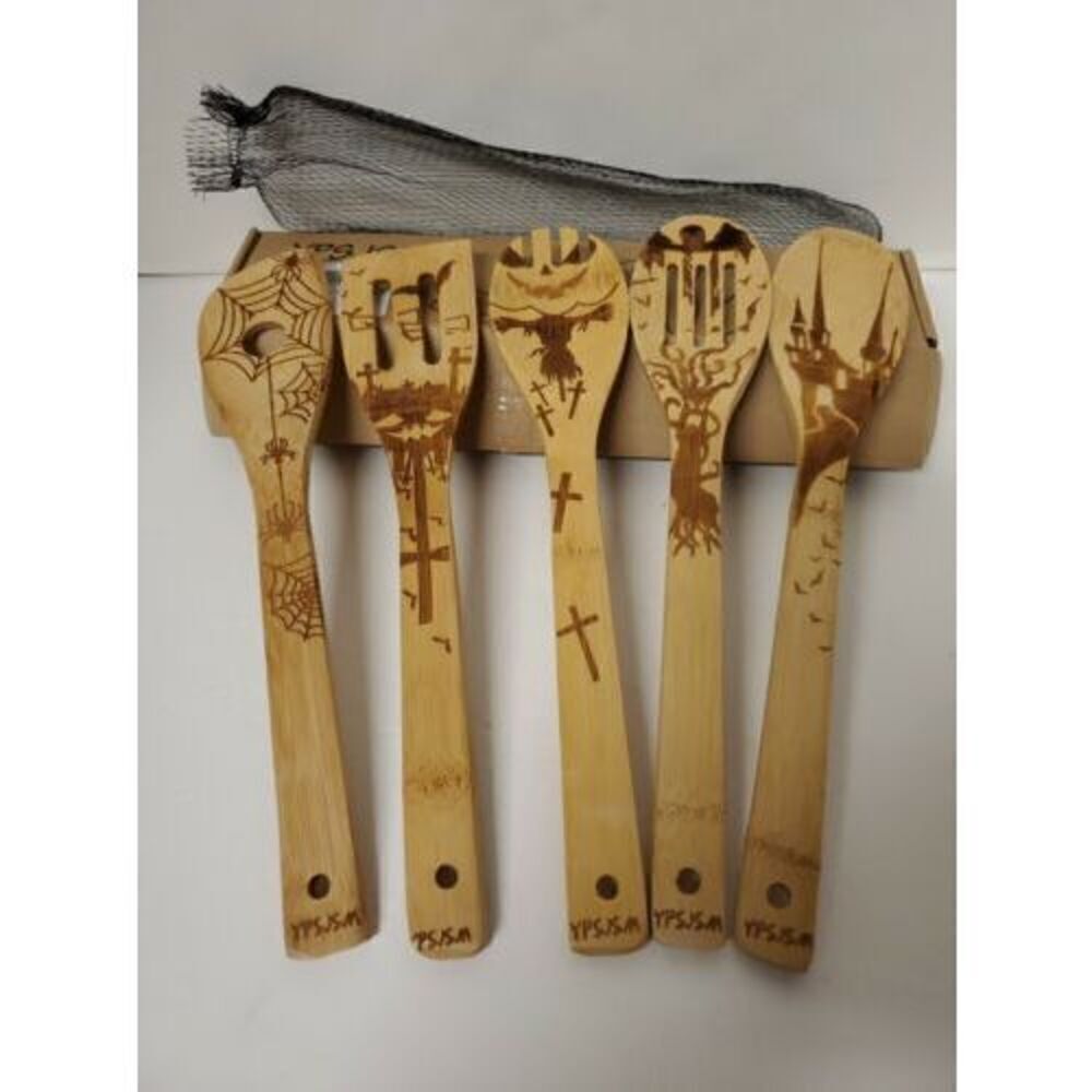5 PCS Bamboo Spoons Cooking Serving Utensils Set -Magic Pattern Burned  Design